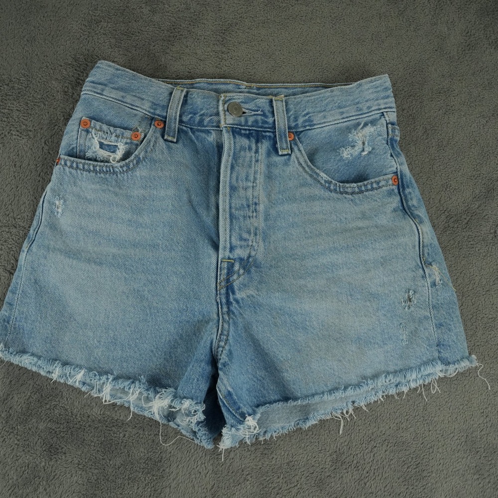 Levi's Ribcage Jorts Womens 25 Light Blue Distressed Denim High Rise Button Fly